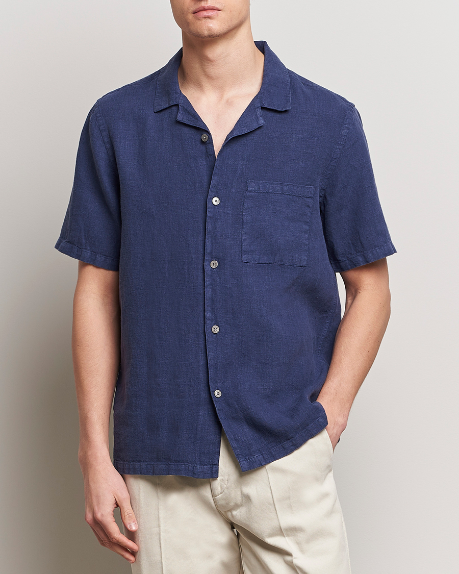 Herren | Hemden | A Day's March | Yamu Short Sleeve Linen Shirt Brewers Blue