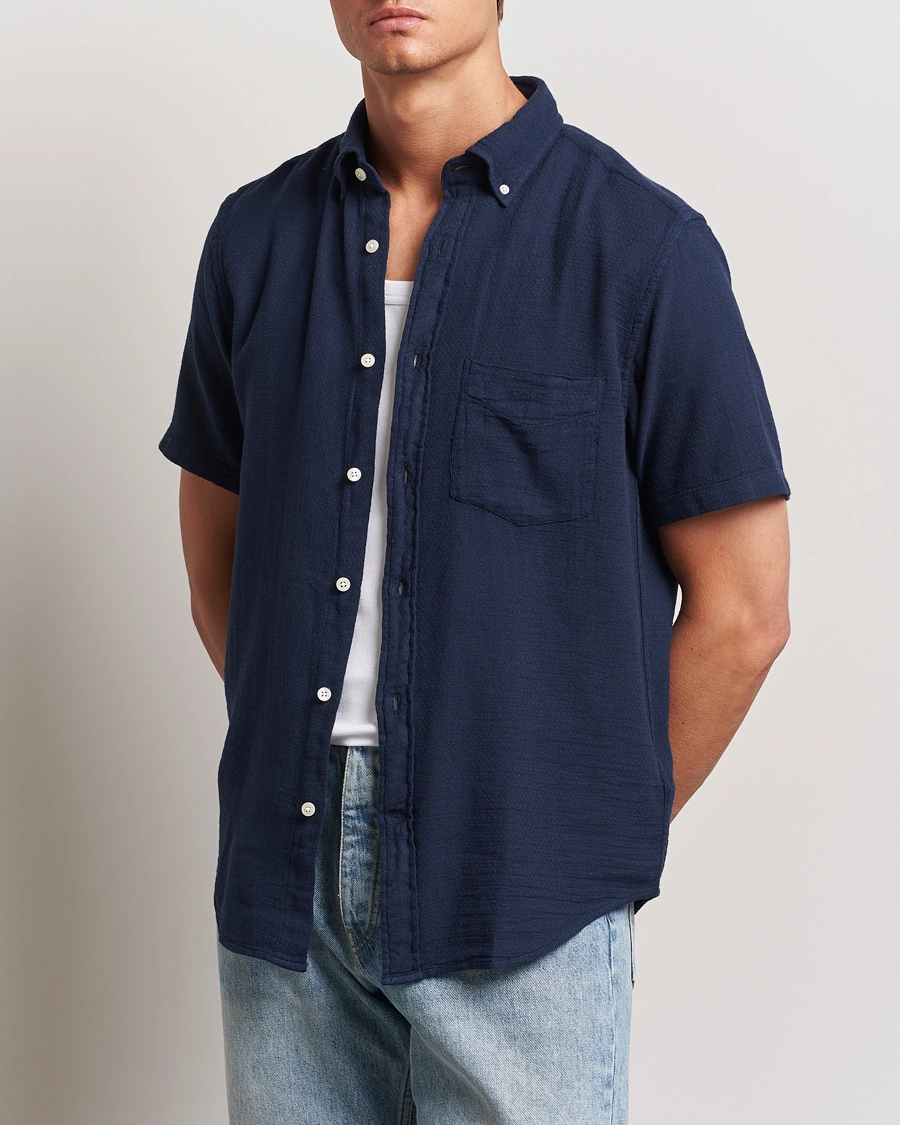 Herren | Hemden | GANT | Cotton/Linen Texture Short Sleeve Shirt Evening Blue