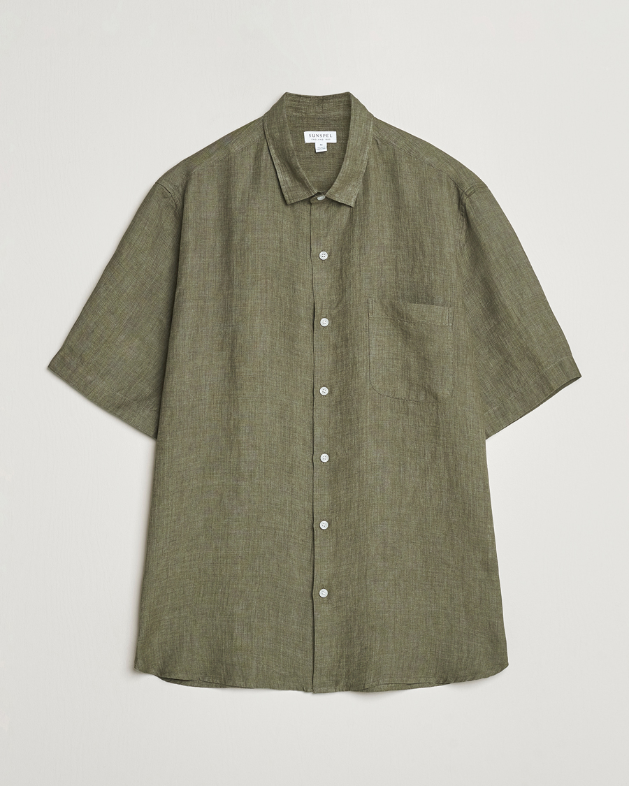 Herren | Hemden | Sunspel | Short Sleeved Linen Shirt Khaki