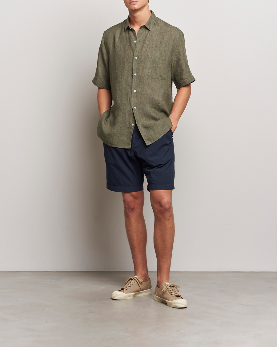 Herren | Hemden | Sunspel | Short Sleeved Linen Shirt Khaki