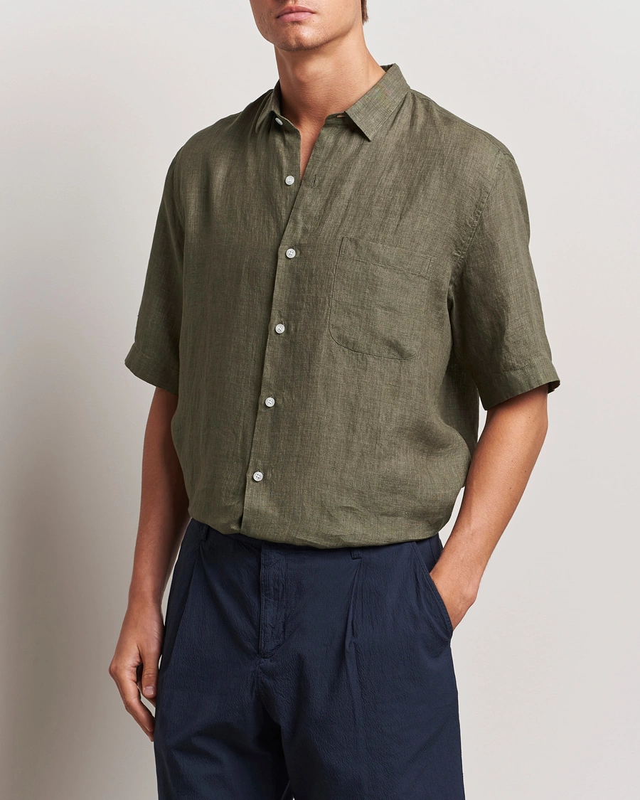 Herren |  | Sunspel | Short Sleeved Linen Shirt Khaki