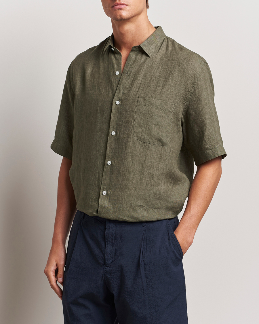 Herren | Hemden | Sunspel | Short Sleeved Linen Shirt Khaki