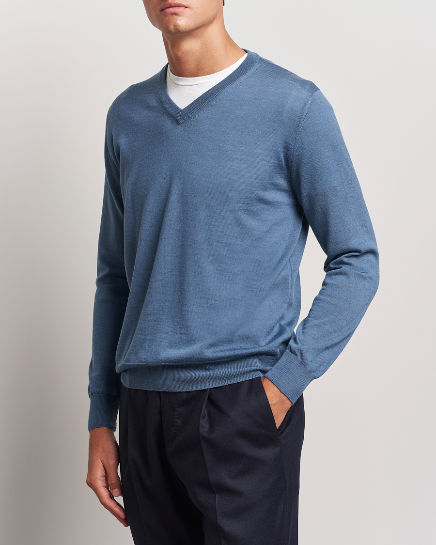 Herren | Pullover | Canali | Merino Wool V-Neck Light Blue