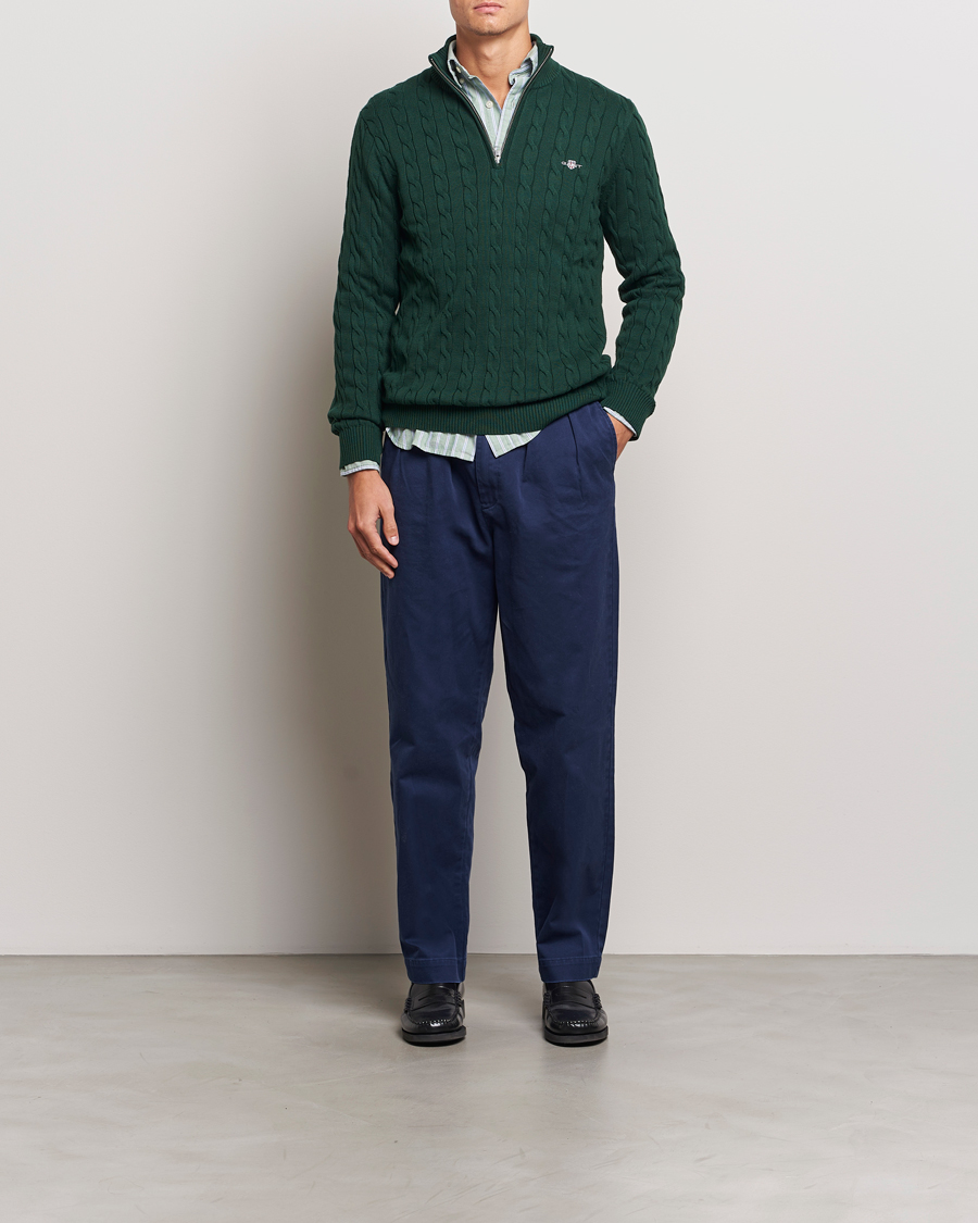 Herren | Pullover | GANT | Cotton Cable Half Zip Tartan Green