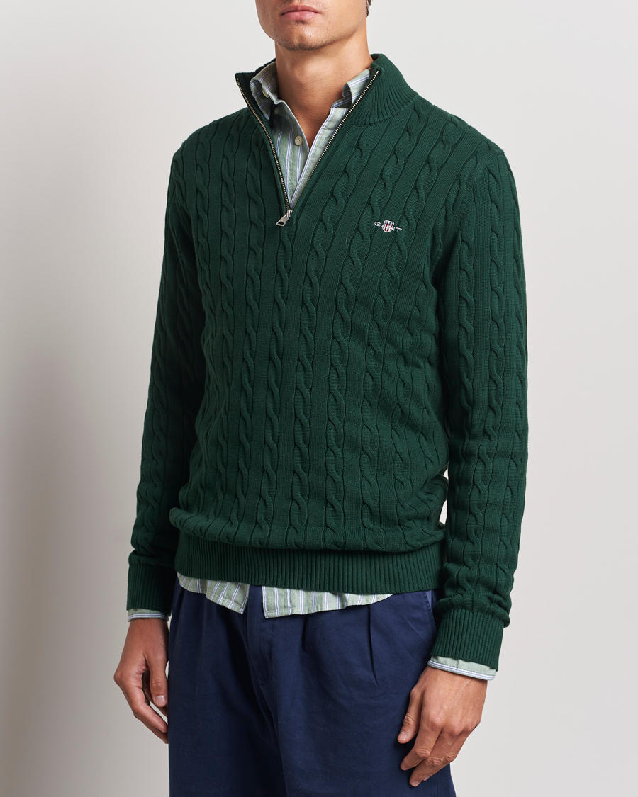 Herren | Pullover | GANT | Cotton Cable Half Zip Tartan Green