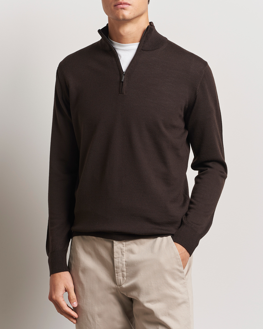 Herren | Pullover | Morgano | Extra Fine Merino Wool Half-Zip Dark Brown