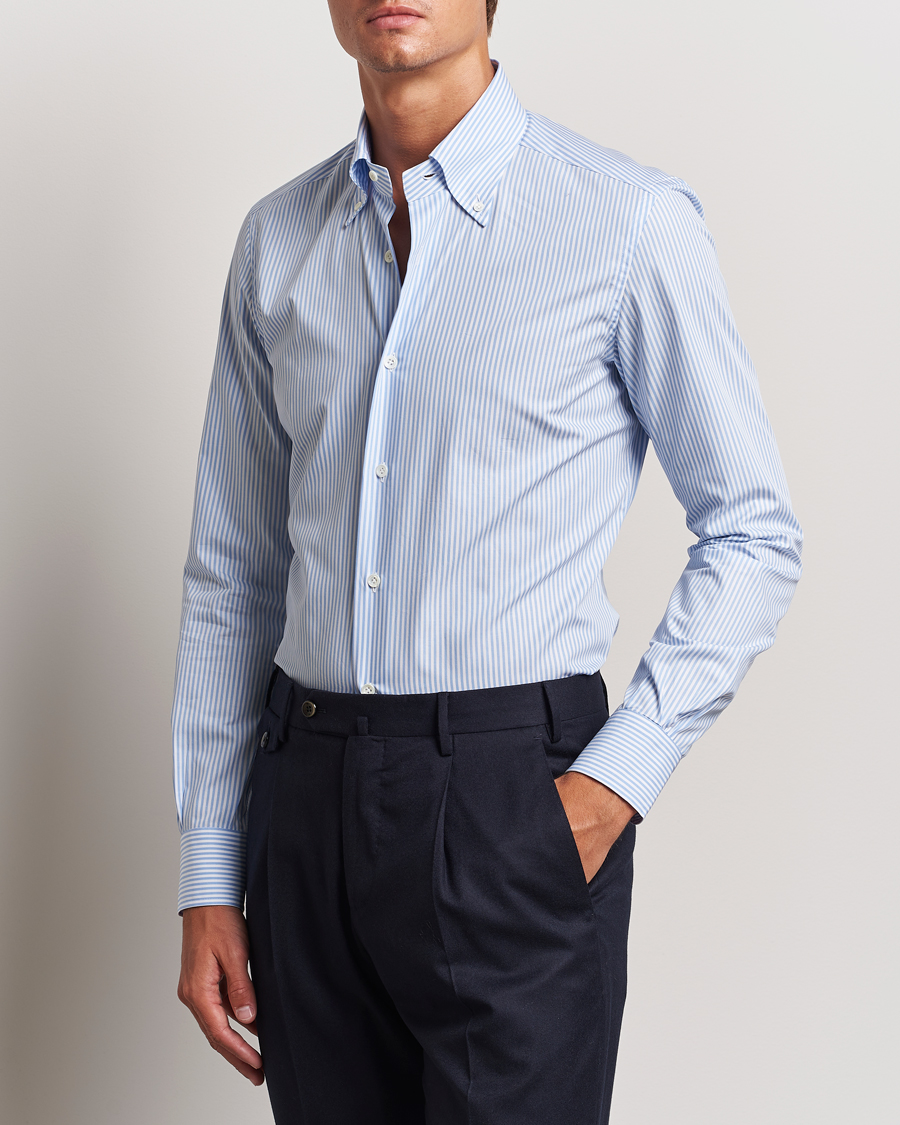 Herren | Hemden | Mazzarelli | Soft Cotton Striped Button Down Shirt Light Blue