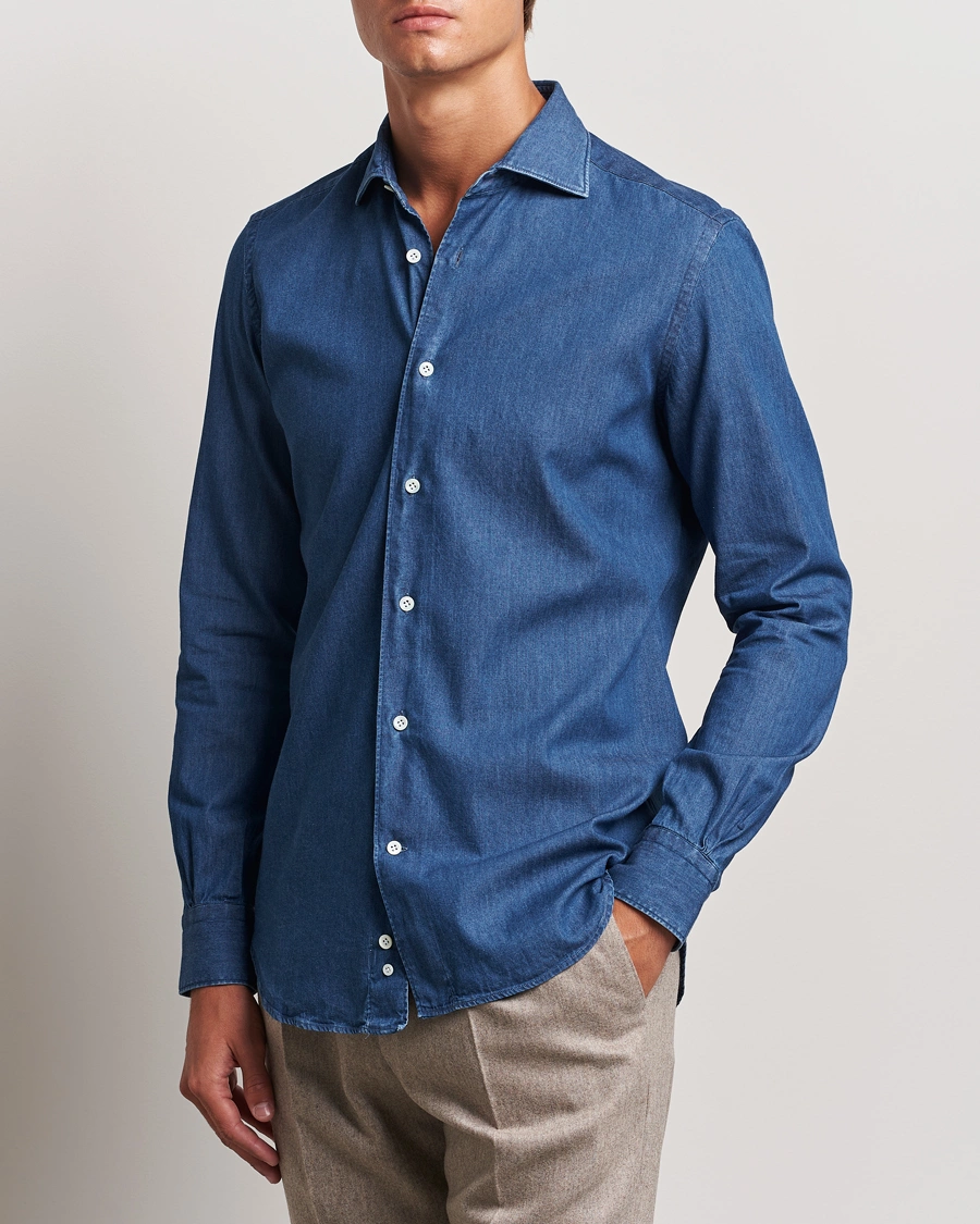 Herren | Hemden | Mazzarelli | Soft Cotton Denim Shirt Stone Wash
