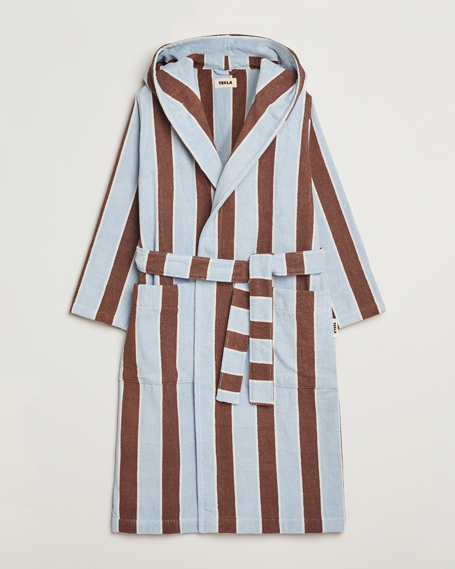 Herren | Tekla Organic Terry Hooded Bathrobe Cocoa Stripes | Tekla | Organic Terry Hooded Bathrobe Cocoa Stripes