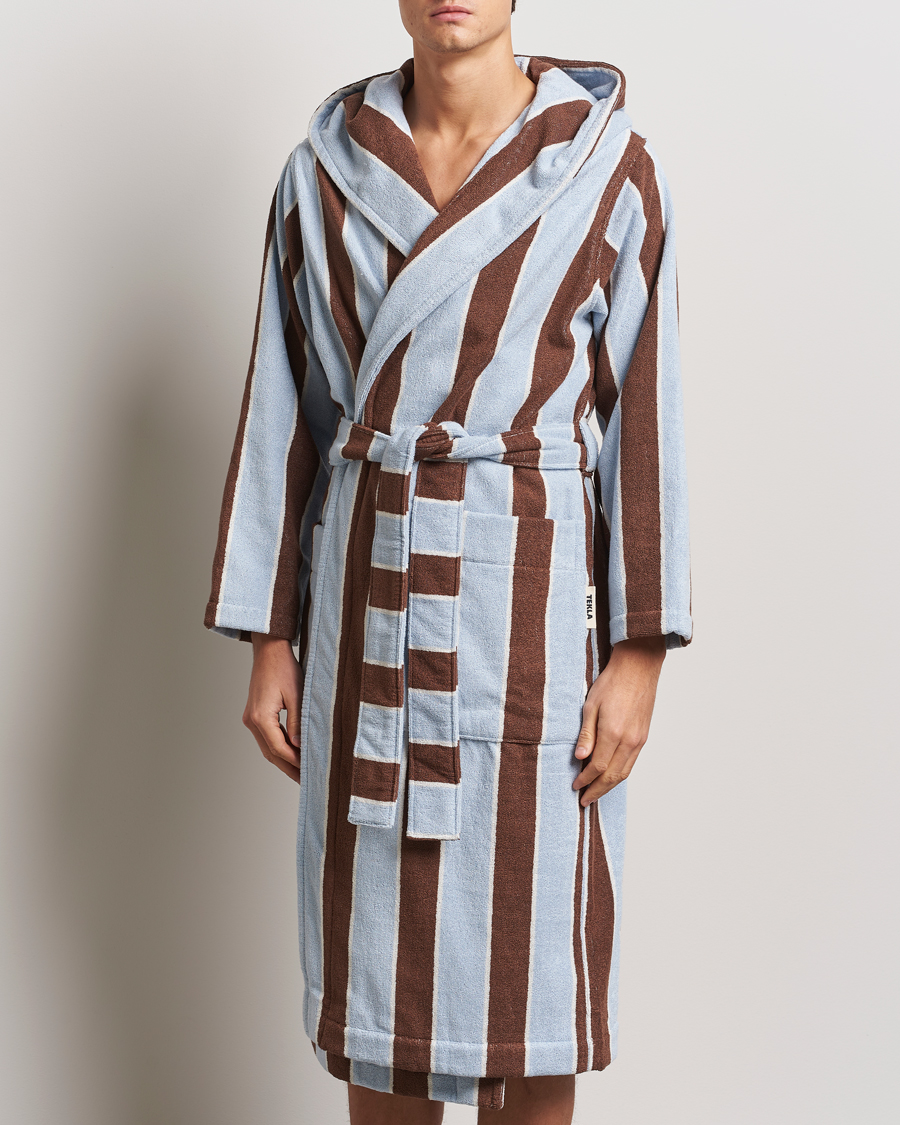 Herren | Tekla Organic Terry Hooded Bathrobe Cocoa Stripes | Tekla | Organic Terry Hooded Bathrobe Cocoa Stripes