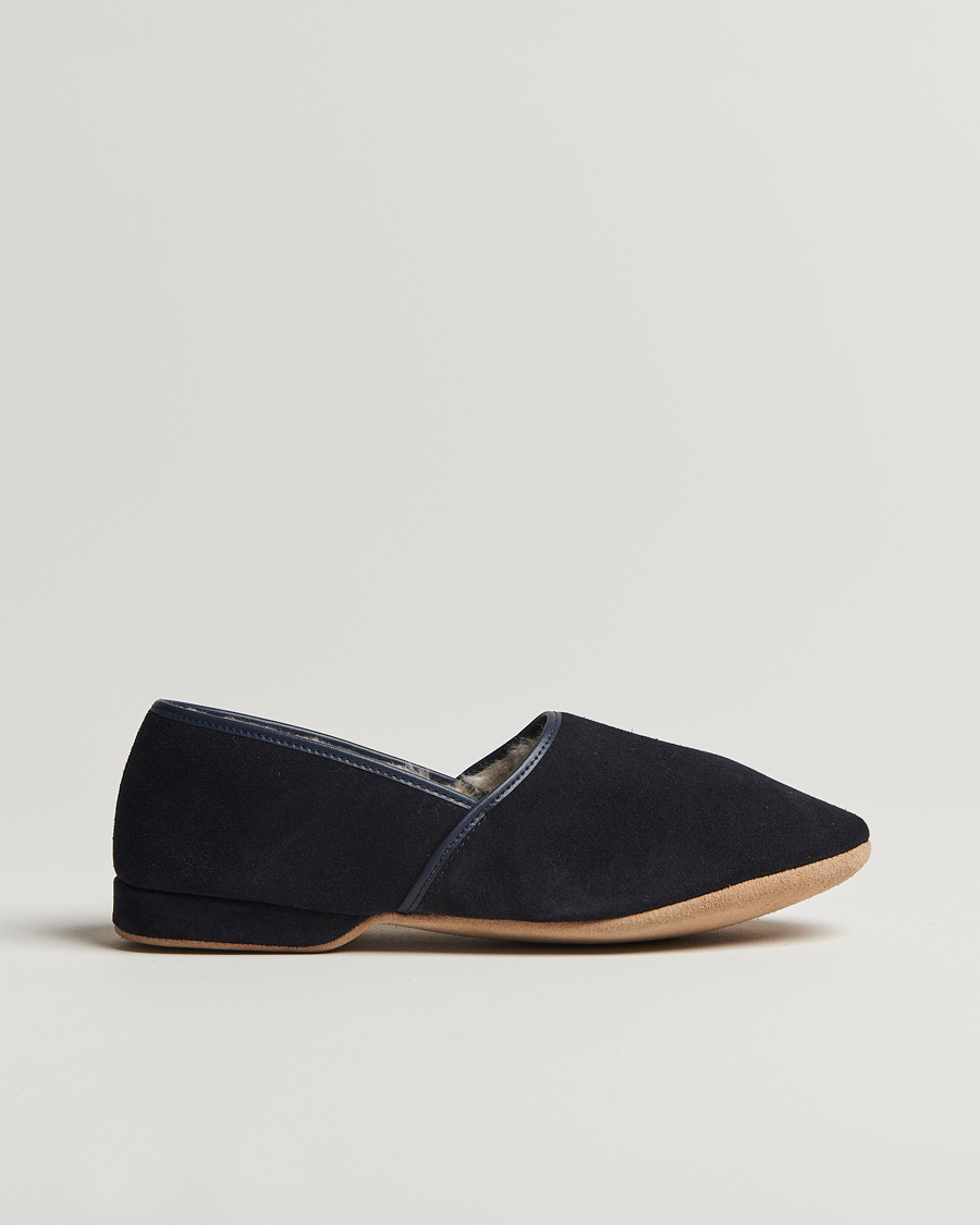Herren | Sandalen & Pantoletten | Derek Rose | Crawford Sheepskin Suede Slippers Navy