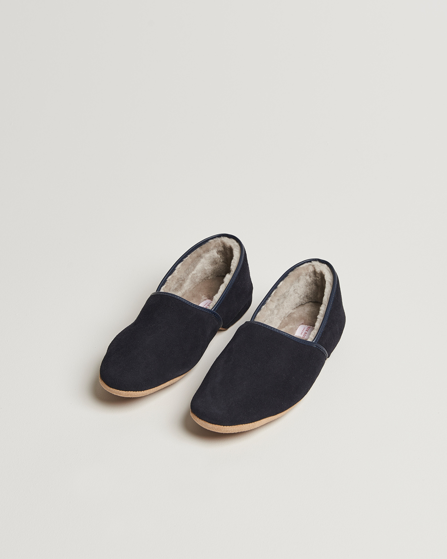 Herren | Sandalen & Pantoletten | Derek Rose | Crawford Sheepskin Suede Slippers Navy