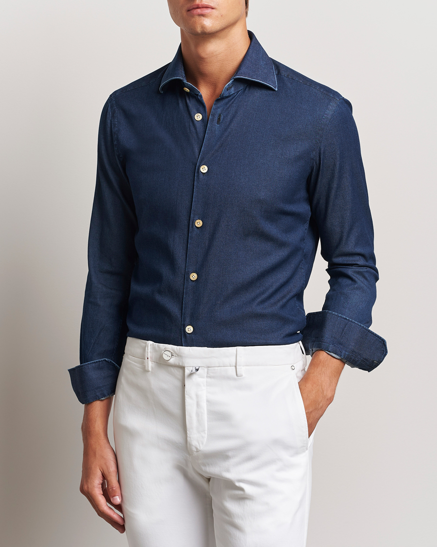 Herren | Hemden | Kiton | Stretch Denim Cut Away Shirt Blue Indigo