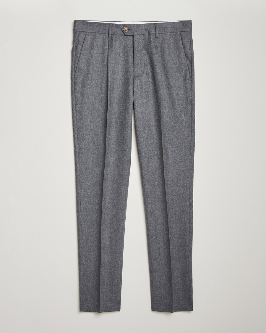 Herren | Hosen | Brunello Cucinelli | Slim Fit Pleated Flannel Trousers Grey Melange