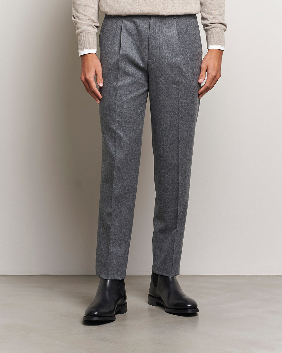 Herren | Hosen | Brunello Cucinelli | Slim Fit Pleated Flannel Trousers Grey Melange