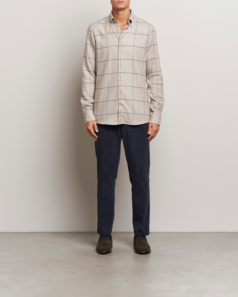 Herren | Hemden | Stenströms | Slimline Flannel Overcheck Shirt Light Brown