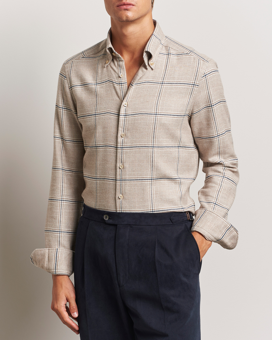 Herren | Hemden | Stenströms | Slimline Flannel Overcheck Shirt Light Brown