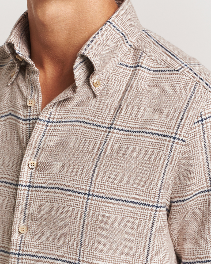 Herren | Hemden | Stenströms | Slimline Flannel Overcheck Shirt Light Brown