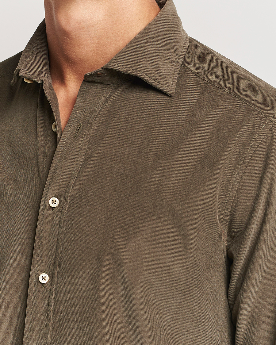 Herren | Hemden | Stenströms | Slimline Cut Away Cord Shirt Dark Green