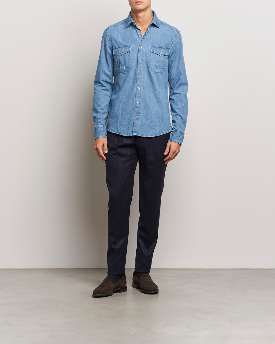 Herren | Hemden | Stenströms | Slimline Double Pocket Denim Shirt Blue