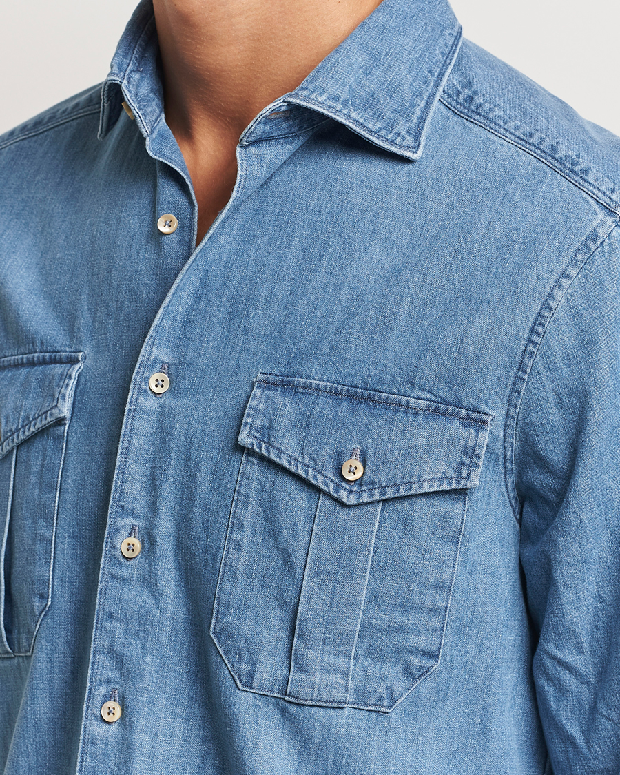 Herren | Hemden | Stenströms | Slimline Double Pocket Denim Shirt Blue