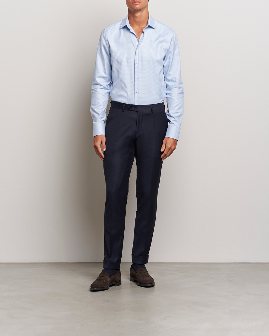 Herren | Hemden | Stenströms | Slimline Houndstooth Cut Away Shirt Light Blue