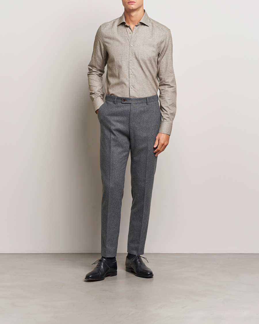 Herren | Hemden | Stenströms | Slimline Brushed Printed Cut Away Shirt Beige