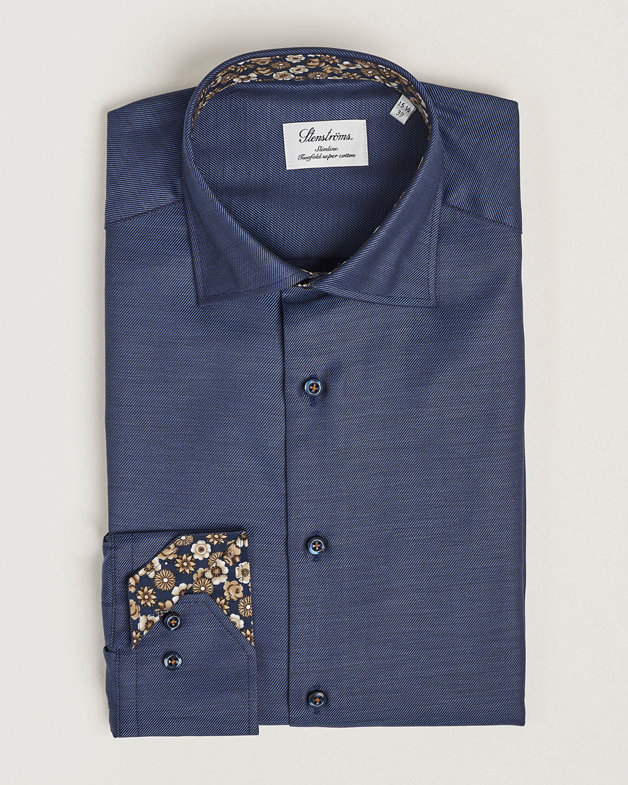 Herren | Hemden | Stenströms | Slimline Twill Contrast Cut Away Shirt Navy