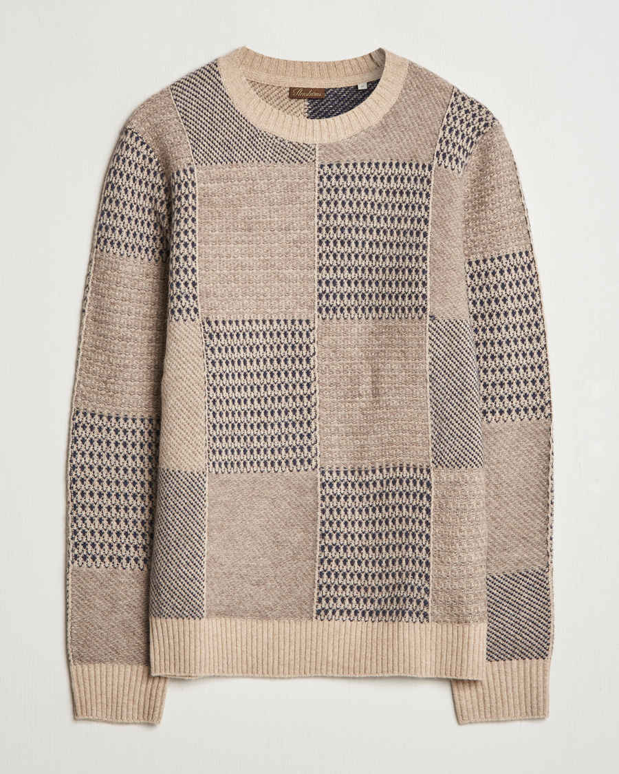 Herren | Pullover | Stenströms | Patchwork Knitted Yak/Merino Crew Neck Brown