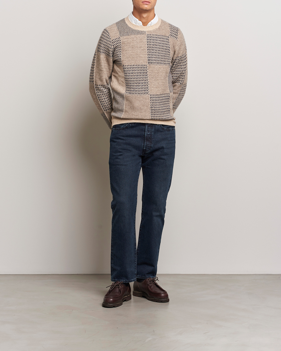 Herren | Pullover | Stenströms | Patchwork Knitted Yak/Merino Crew Neck Brown