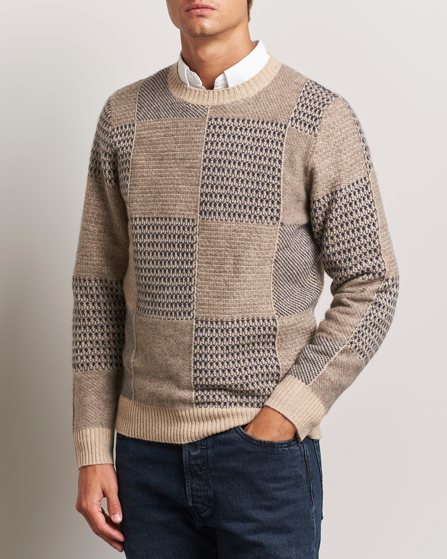 Herren | Pullover | Stenströms | Patchwork Knitted Yak/Merino Crew Neck Brown