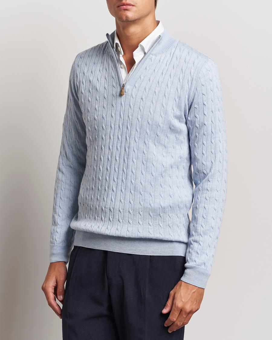 Herren | Pullover | Stenströms | Merino Cable Half Zip Light Blue
