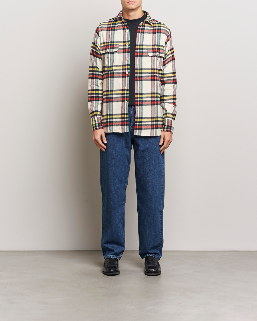 Herren | Hemden | Drake's | Brushed Cotton Work Shirt Ecru/Red/Green