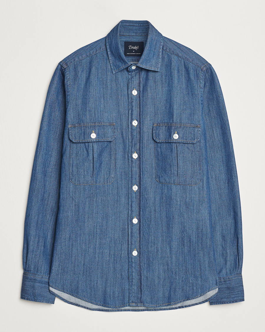 Herren | Hemden | Drake's | Denim Two Pocket Work Shirt Mid Blue