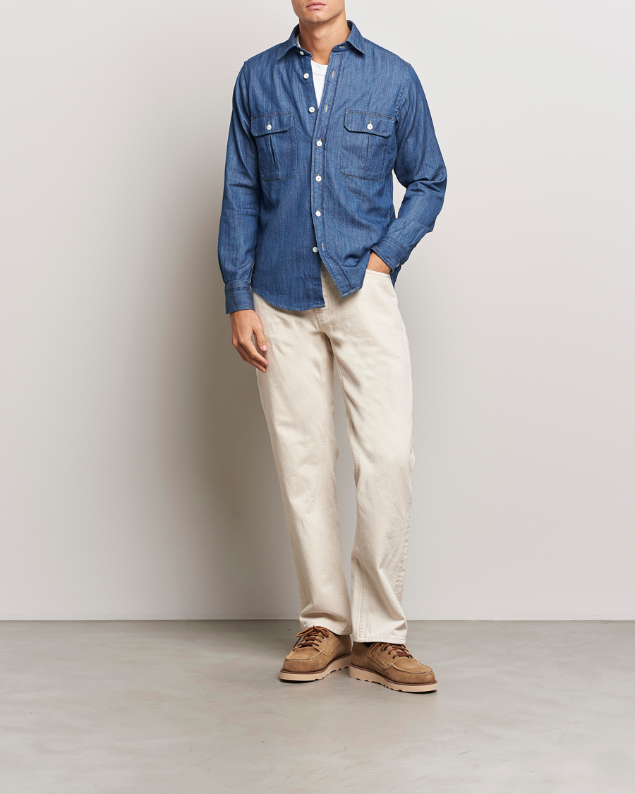 Herren | Hemden | Drake's | Denim Cotton Two Pocket Work Shirt Blue
