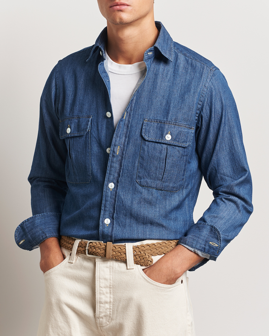 Herren | Hemden | Drake's | Denim Cotton Two Pocket Work Shirt Blue