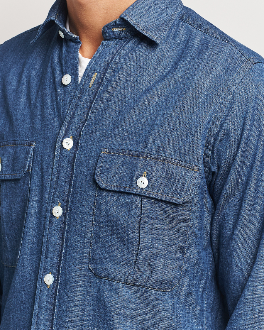 Herren | Hemden | Drake's | Denim Cotton Two Pocket Work Shirt Blue