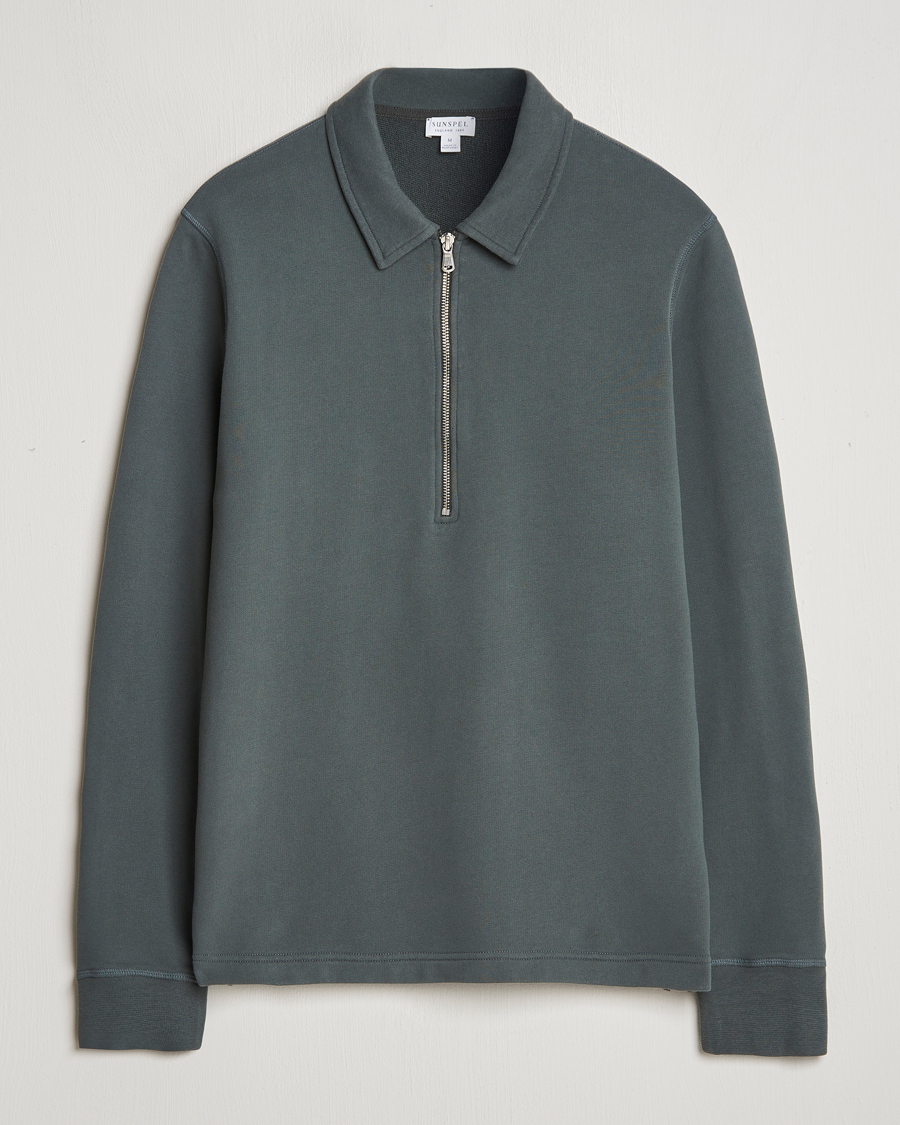 Herren | Pullover | Sunspel | Zip Loopback Sweatshirt Polo Drill Green