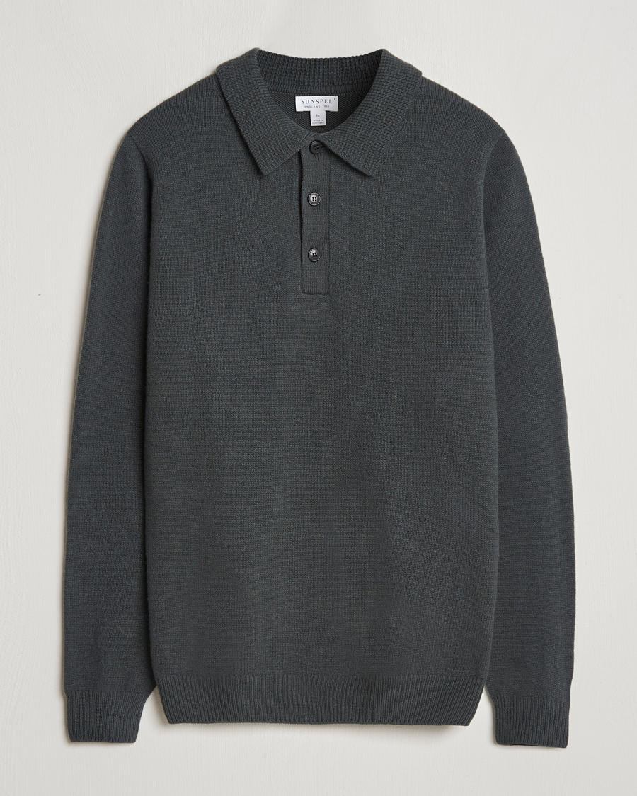 Herren | Pullover | Sunspel | Lambswool Poloshirt Drill Green