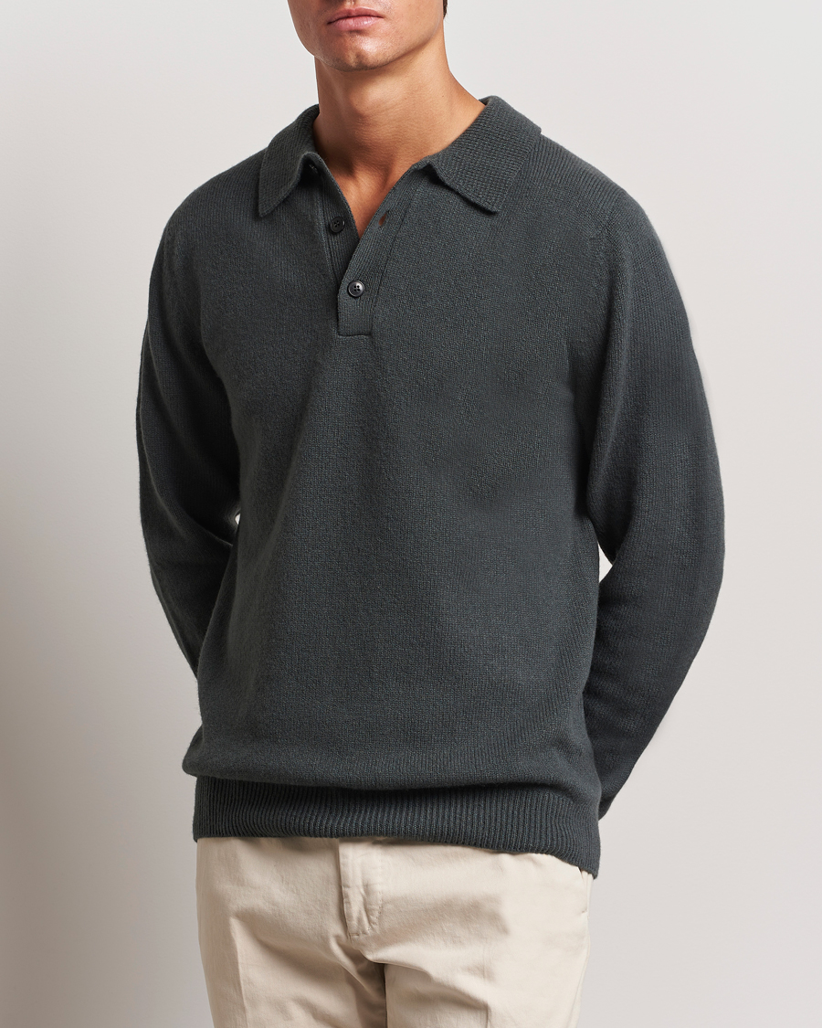 Herren | Pullover | Sunspel | Lambswool Poloshirt Drill Green
