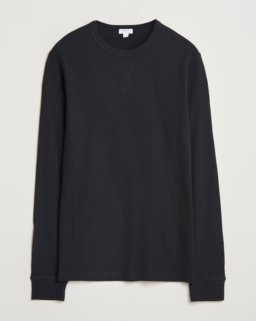 Herren | T-Shirts | Sunspel | Long Sleeve Waffle T-Shirt Black
