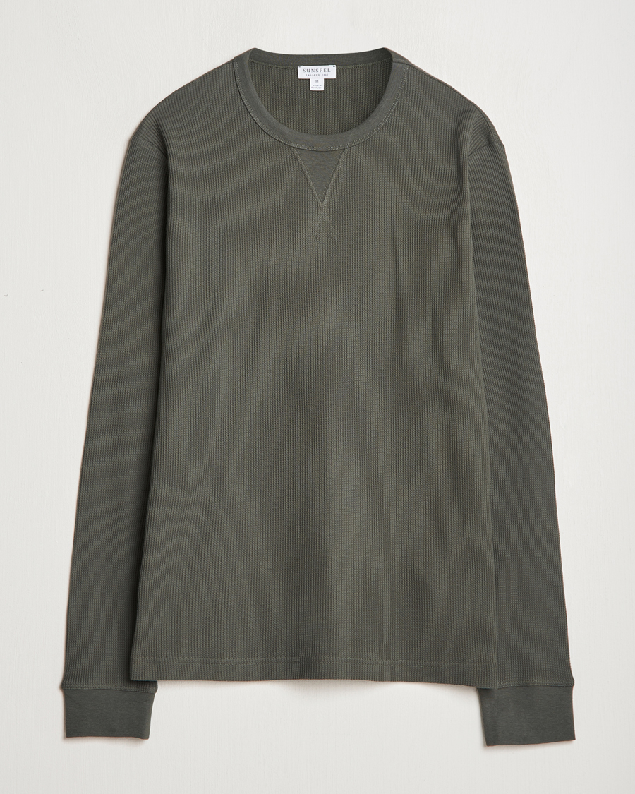 Herren | T-Shirts | Sunspel | Long Sleeve Waffle T-Shirt Drill Green