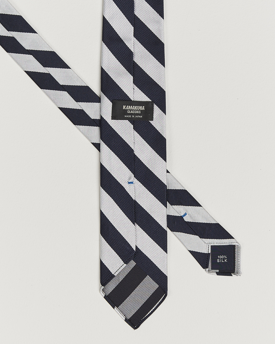 Herren | Krawatten | Kamakura Shirts | Vintage Ivy Regimental Stripe Silk Tie Navy/Silver