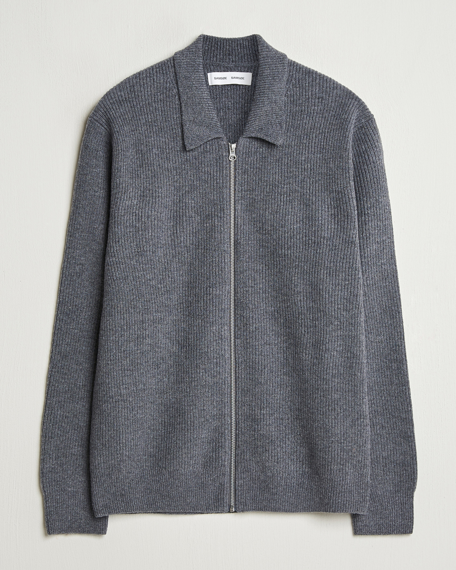 Herren | Pullover | Samsøe Samsøe | Saisaks Merino Rib Knitted Full Zip Charcoal