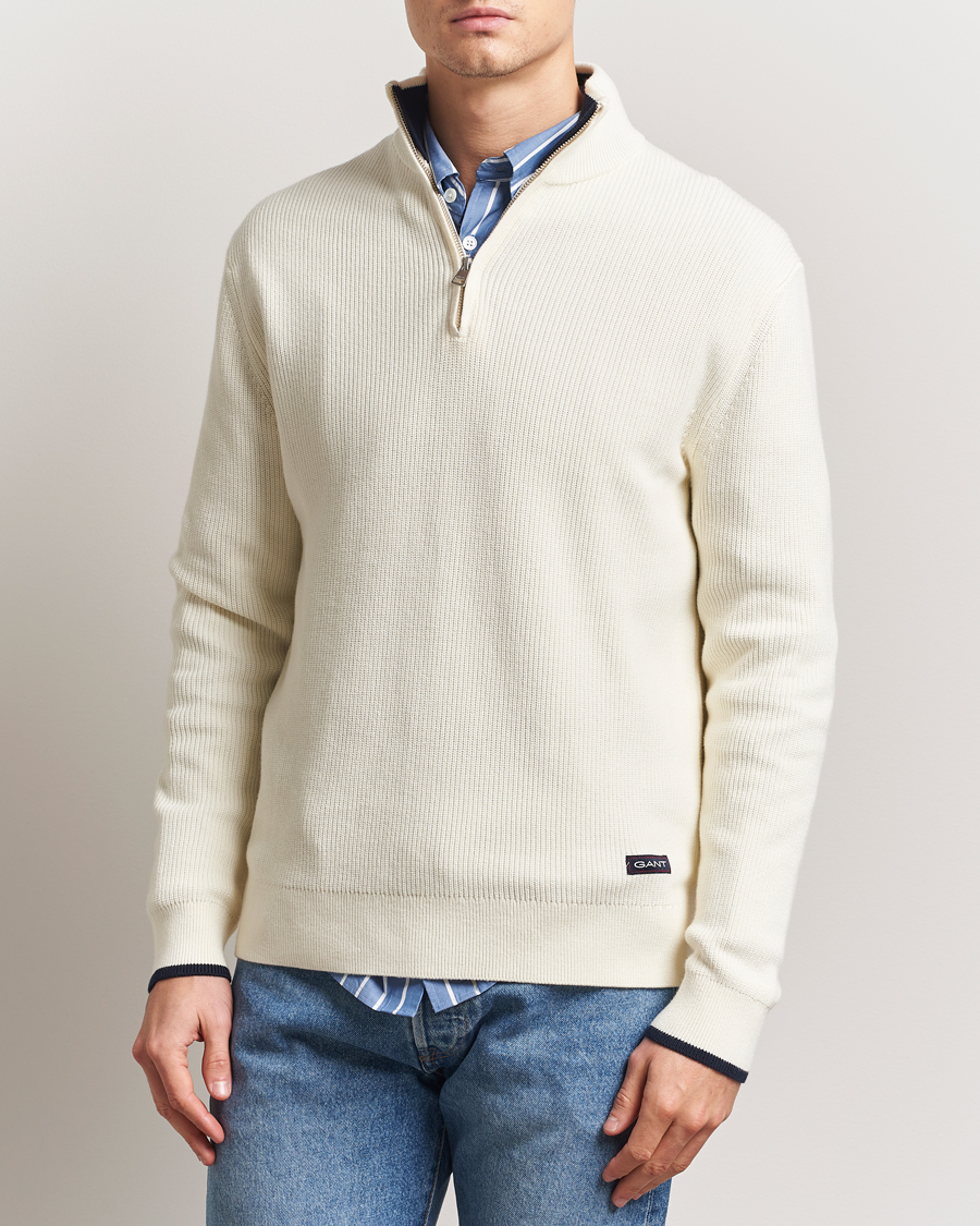 Herren | Pullover | GANT | Ribbed Cotton Half Zip Cream