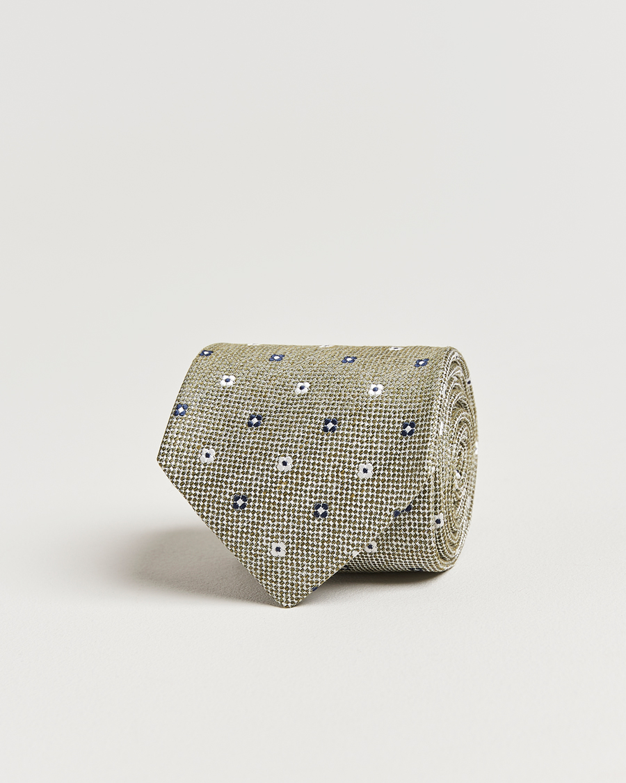 Herren | Krawatten | Amanda Christensen | Silk/Linen Printed Flower 8cm Tie Green