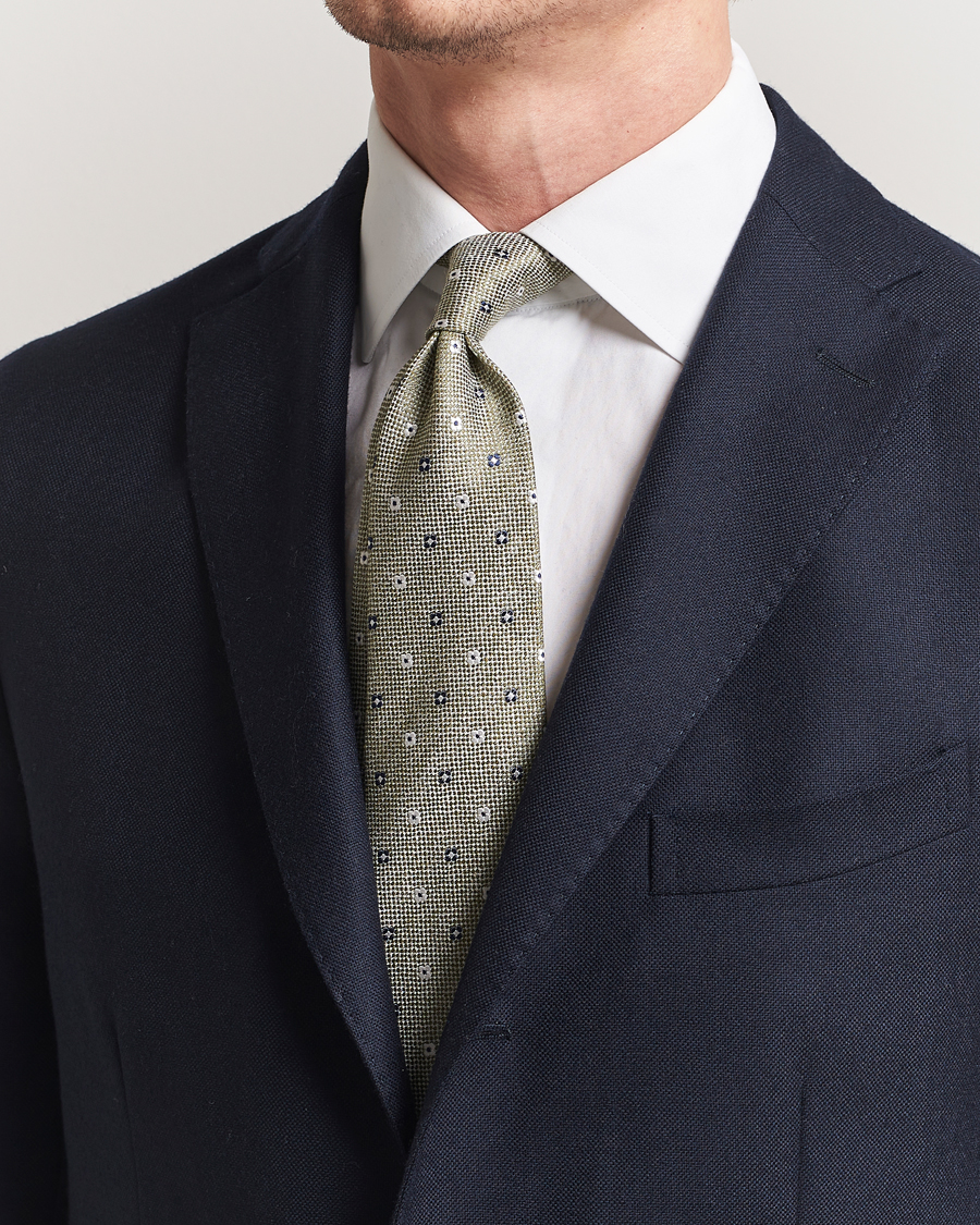 Herren | Krawatten | Amanda Christensen | Silk/Linen Printed Flower 8cm Tie Green