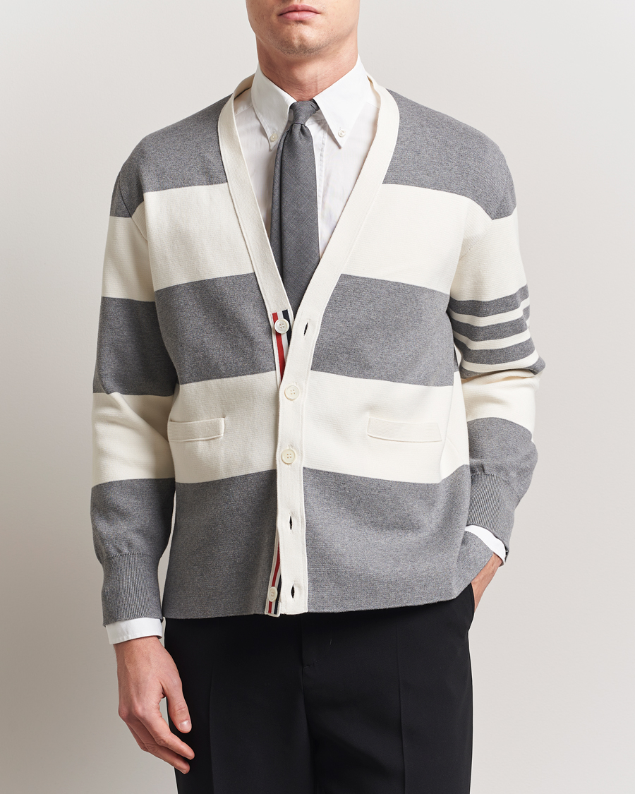 Herren | Pullover | Thom Browne | Rugby Stripe Cotton Cardigan Grey/White