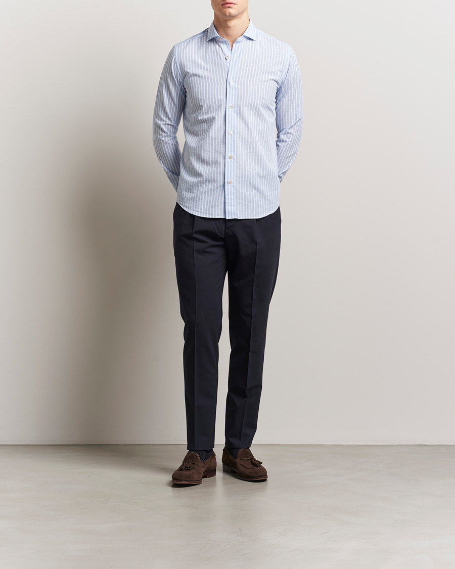 Herren | Hemden | Grigio | Cotton Linen Casual Shirt Light Blue Stripe