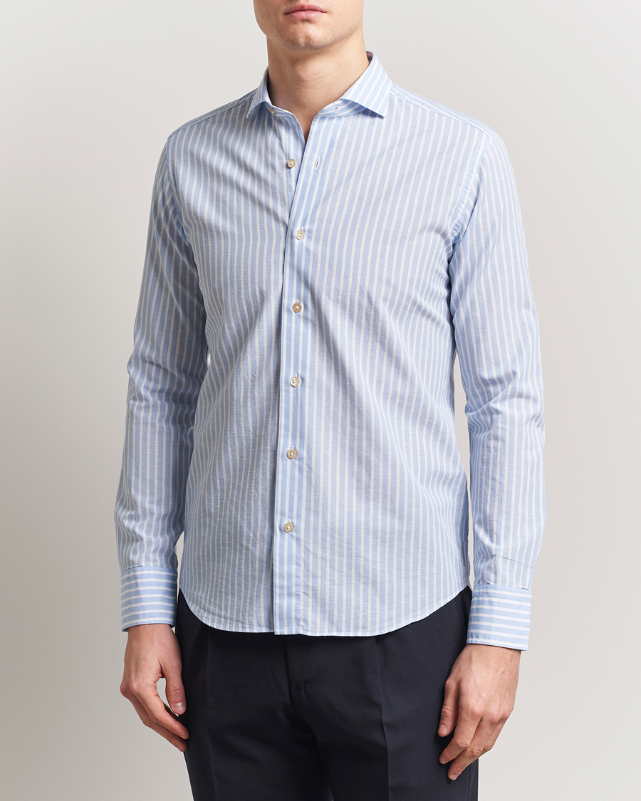 Herren | Hemden | Grigio | Cotton Linen Casual Shirt Light Blue Stripe